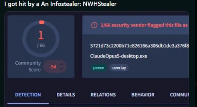 Low detection screenshot for RevStealer sample